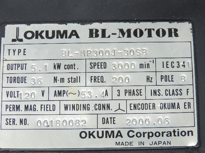 Okuma BL-MP300J-30SB AC Servo Motor 5.1kw 3000 RPM 120V 3PH Encoder ER-J-7200D
