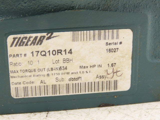 Dodge Tigear 17Q10R14 Worm Gear Box Speed Reducer 10:1 Ratio 1.67HP RH 140TC