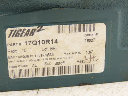 Dodge Tigear 17Q10R14 Worm Gear Box Speed Reducer 10:1 Ratio 1.67HP RH 140TC