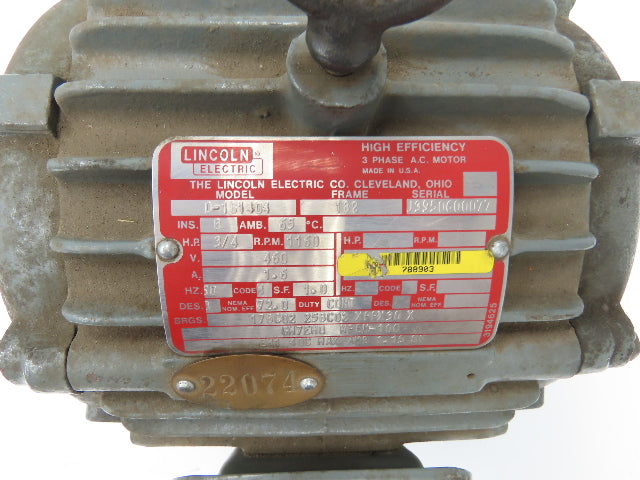 Lincoln Electric D-1G1404 AC Motor 3/4Hp 1160 RPM 460V 3PH 182 Frame 7/8"Shaft