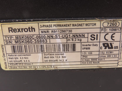 Rexroth MSK060C-0600-NN-S1-UG1-NNNN Servo Motor 600V 3PH Permanent Magnet