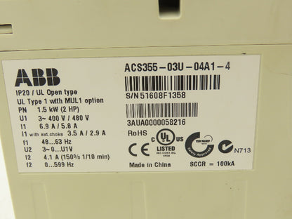 ABB ACS355-03U-04A1-4 AC Motor Drive VFD 2Hp 1.5kw 480V 3Ph ACS-CP-A Controller