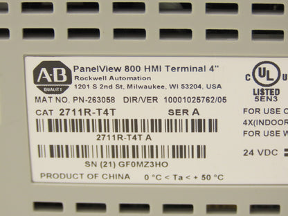 Allen Bradley 2711R-T4T PanelView 800 HMI Control Terminal 4" Touch Screen Ser A