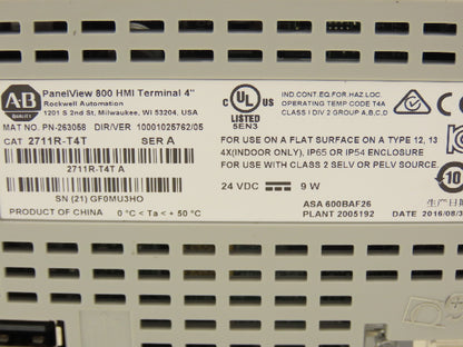 Allen Bradley 2711R-T4T PanelView 800 HMI Control Terminal 4" Touch Screen Ser A