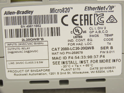 Allen Bradley 2080-LC20-20QWB Micro820 Ethernet PLC Controller 24VDC 2A Series B