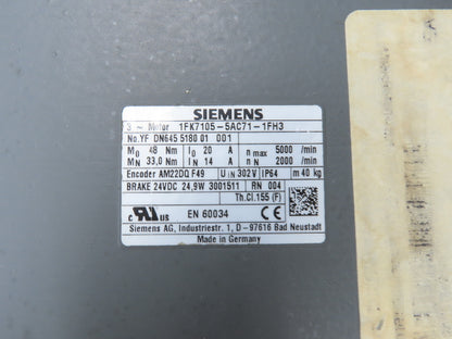 Siemens 1FK7105-5AC71-1FH3 Servo Motor 5000 RPM 302V 3PH 24V Brake