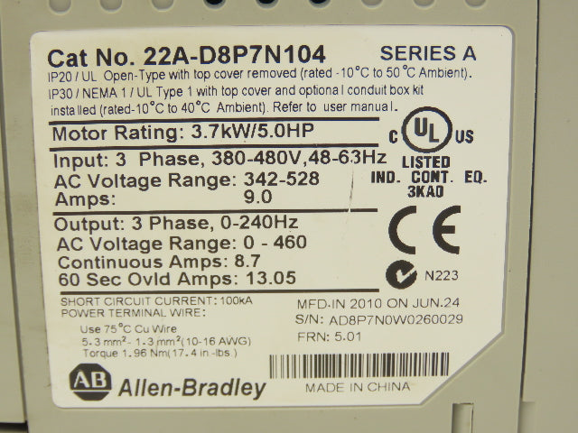 Allen Bradley 22A-D8P7N104 PowerFlex AC Motor Drive 380-480V 5Hp Ser A FRN 5.01