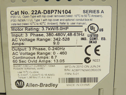 Allen Bradley 22A-D8P7N104 PowerFlex AC Motor Drive 380-480V 5Hp Ser A FRN 5.01