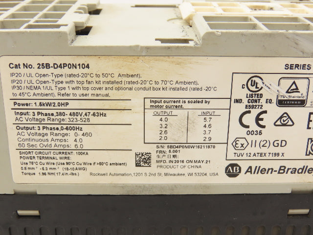 Allen Bradley 25B-D4P0N104 PowerFlex 525 AC Drive 1.5kW 2Hp 480V 3ph FRN 5.001