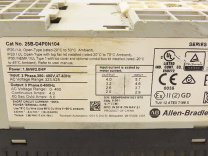Allen Bradley 25B-D4P0N104 PowerFlex 525 AC Drive 1.5kW 2Hp 480V 3ph FRN 5.001