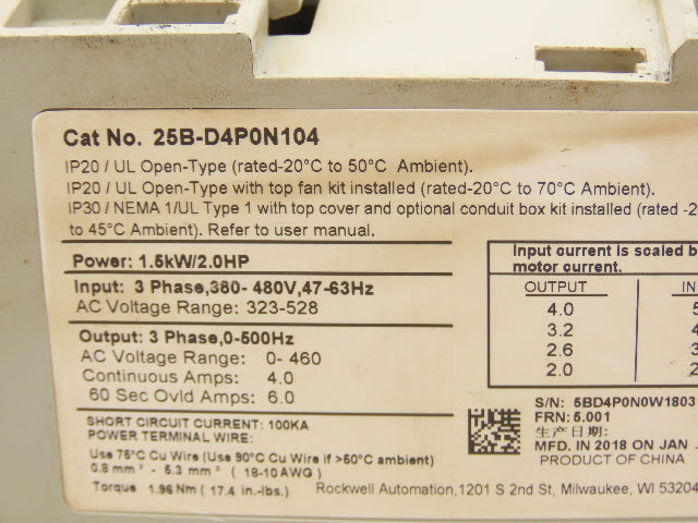 Allen Bradley 25B-D4P0N104 PowerFlex 525 AC Drive 1.5kW 2Hp 480V 3ph FRN 5.001