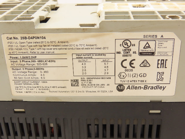 Allen Bradley 25B-D4P0N104 PowerFlex 525 AC Drive 1.5kW 2Hp 480V 3ph FRN 5.001