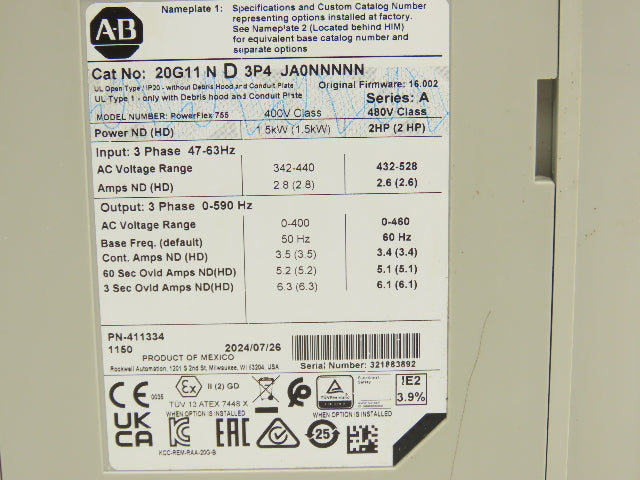 Allen Bradley 20G11ND3P4JA0NNNNN PowerFlex 755 AC Drive 480V 2.6A 2HP Series A