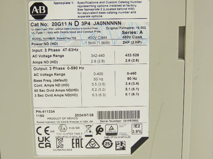 Allen Bradley 20G11ND3P4JA0NNNNN PowerFlex 755 AC Drive 480V 2.6A 2HP Series A