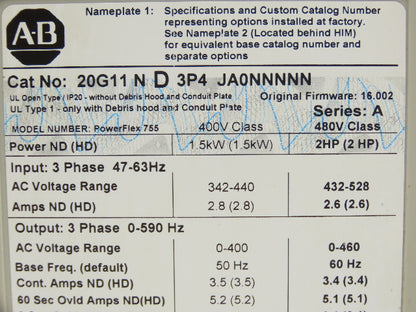 Allen Bradley 20G11ND3P4JA0NNNNN PowerFlex 755 AC Drive 480V 2.6A 2HP Series A