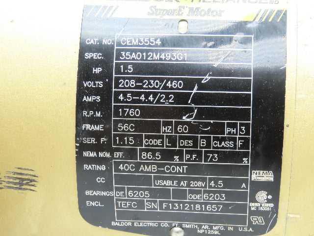 Baldor CEM3554 Super-E AC Motor 1.5Hp 1760 RPM 230/460V 3PH 56C TEFC