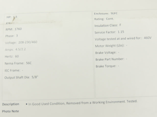 Baldor CEM3554 Super-E AC Motor 1.5Hp 1760 RPM 230/460V 3PH 56C TEFC
