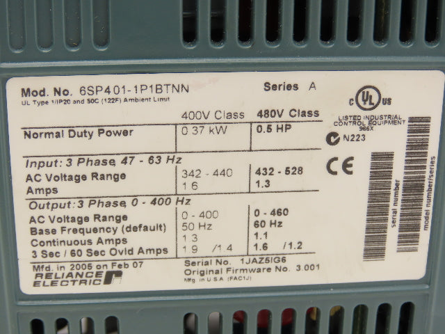 Reliance Electric 6SP401-1P1BTNN Variable Speed VFD AC Drive 0.5Hp 480V 3PH