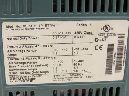 Reliance Electric 6SP401-1P1BTNN Variable Speed VFD AC Drive 0.5Hp 480V 3PH