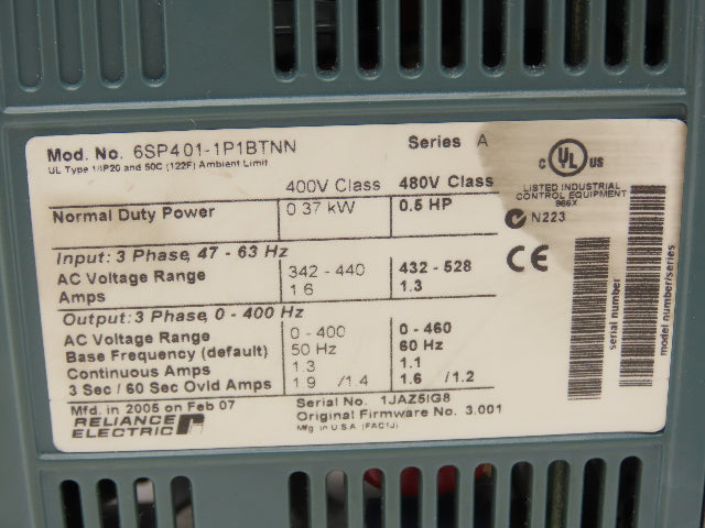 Reliance Electric 6SP401-1P1BTNN Variable Speed VFD AC Drive 0.5Hp 480V 3PH