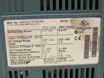 Reliance Electric 6SP401-1P1BTNN Variable Speed VFD AC Drive 0.5Hp 480V 3PH