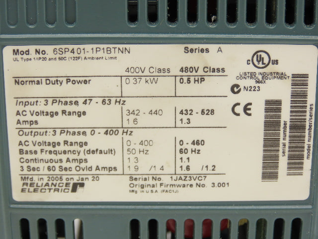 Reliance Electric 6SP401-1P1BTNN Variable Speed VFD AC Drive 0.5Hp 480V 3PH