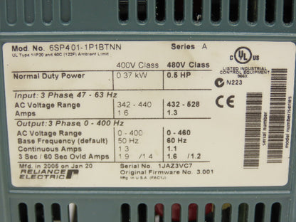 Reliance Electric 6SP401-1P1BTNN Variable Speed VFD AC Drive 0.5Hp 480V 3PH