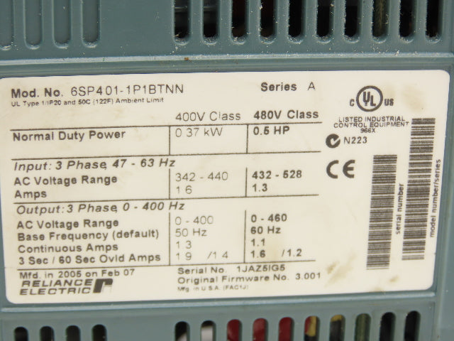 Reliance Electric 6SP401-1P1BTNN Variable Speed VFD AC Drive 0.5Hp 480V 3PH
