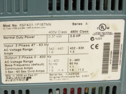 Reliance Electric 6SP401-1P1BTNN Variable Speed VFD AC Drive 0.5Hp 480V 3PH
