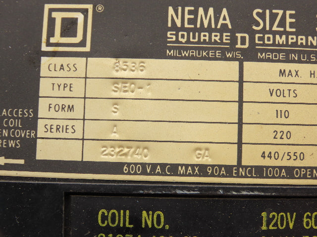 Square D 8536-SE0-1 Motor Starter Contactor NEMA Size 3 600V 50Hp 120V Coil