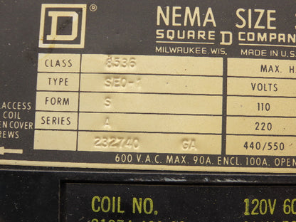 Square D 8536-SE0-1 Motor Starter Contactor NEMA Size 3 600V 50Hp 120V Coil
