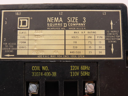 Square D 8536-SE0-1 Motor Starter Contactor NEMA Size 3 600V 50Hp 120V Coil