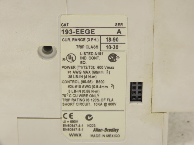 Allen Bradley 193-EEGE Motor Starter Overload Relay 18-90A 40Hp 600V 120V Coil