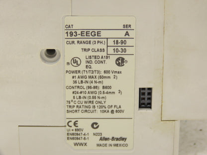 Allen Bradley 193-EEGE Motor Starter Overload Relay 18-90A 40Hp 600V 120V Coil