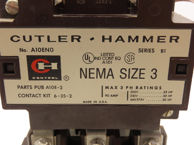 Cutler Hammer A10EN0 Size 3 Motor Starter Contactor 50Hp 90A 600V 3PH 120V Coil