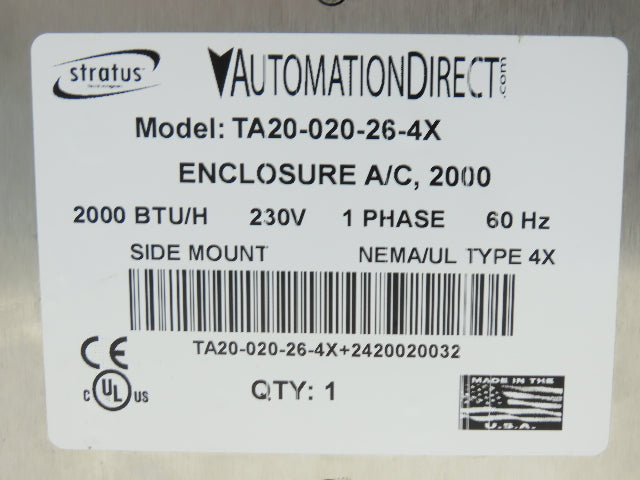 Stratus TA20-020-26-4X Enclosure AC Air Conditioner 2000 BTU 230V 1PH Stainless