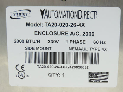 Stratus TA20-020-26-4X Enclosure AC Air Conditioner 2000 BTU 230V 1PH Stainless