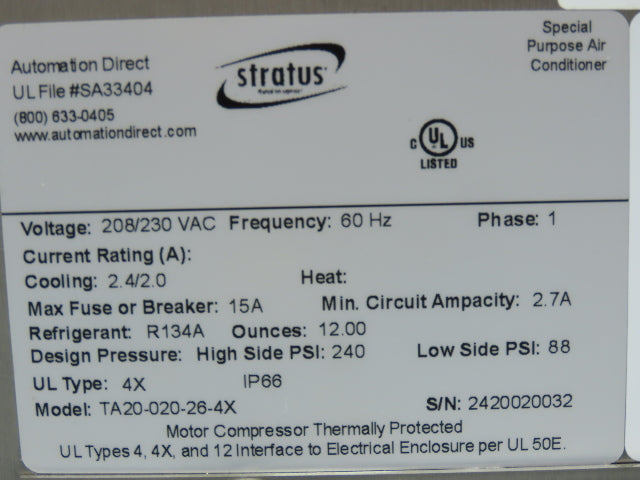 Stratus TA20-020-26-4X Enclosure AC Air Conditioner 2000 BTU 230V 1PH Stainless