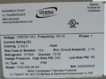 Stratus TA20-020-26-4X Enclosure AC Air Conditioner 2000 BTU 230V 1PH Stainless