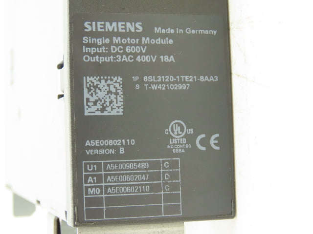 Siemens 6SL3120-1TE21-8AA3 Sinamics Servo Drive Single Motor Module