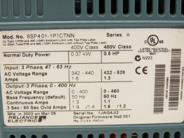Reliance Electric 6SP401-1P1CTNN Variable Speed VFD AC Drive 0.5Hp 480V 3PH