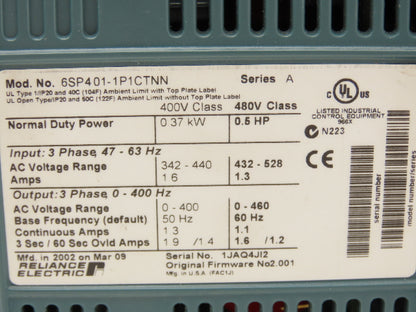 Reliance Electric 6SP401-1P1CTNN Variable Speed VFD AC Drive 0.5Hp 480V 3PH