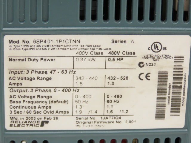 Reliance Electric 6SP401-1P1CTNN Variable Speed VFD AC Drive 0.5Hp 480V 3PH