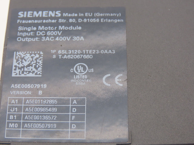 Siemens 6SL3120-1TE23-0AA3 Sinamics Servo Drive Single Motor Module 400V 30A