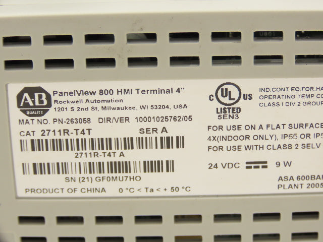 Allen Bradley 2711R-T4T PanelView 800 HMI Control Terminal 4" Touch Screen Ser A