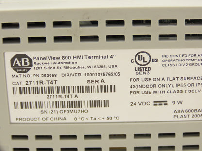 Allen Bradley 2711R-T4T PanelView 800 HMI Control Terminal 4" Touch Screen Ser A