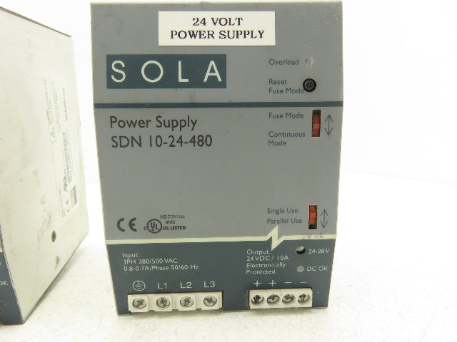 Emerson Sola SDN 10-24-480 PLC Power Supply 24VDC 10A 480V 3PH Lot of 2