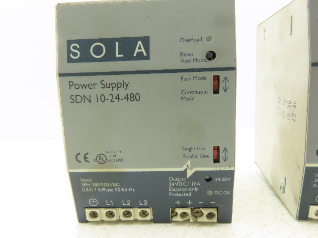 Emerson Sola SDN 10-24-480 PLC Power Supply 24VDC 10A 480V 3PH Lot of 2