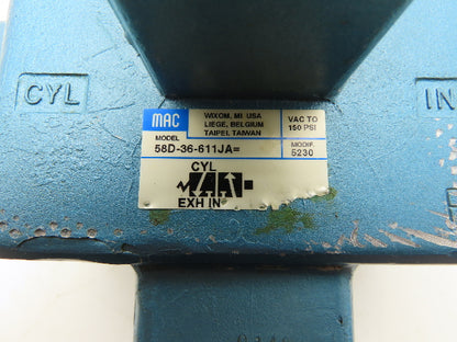 Mac 58D-36-611JA 3 Way Pneumatic Air Valve Pilot 24V AC/DC 25-150psi 1-1/2" FNPT