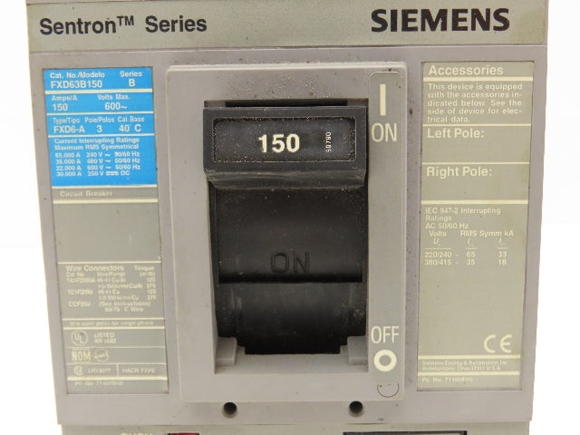 Siemens Sentron FXD63B150 Circuit Breaker 150A 3-Pole 600V Molded Case
